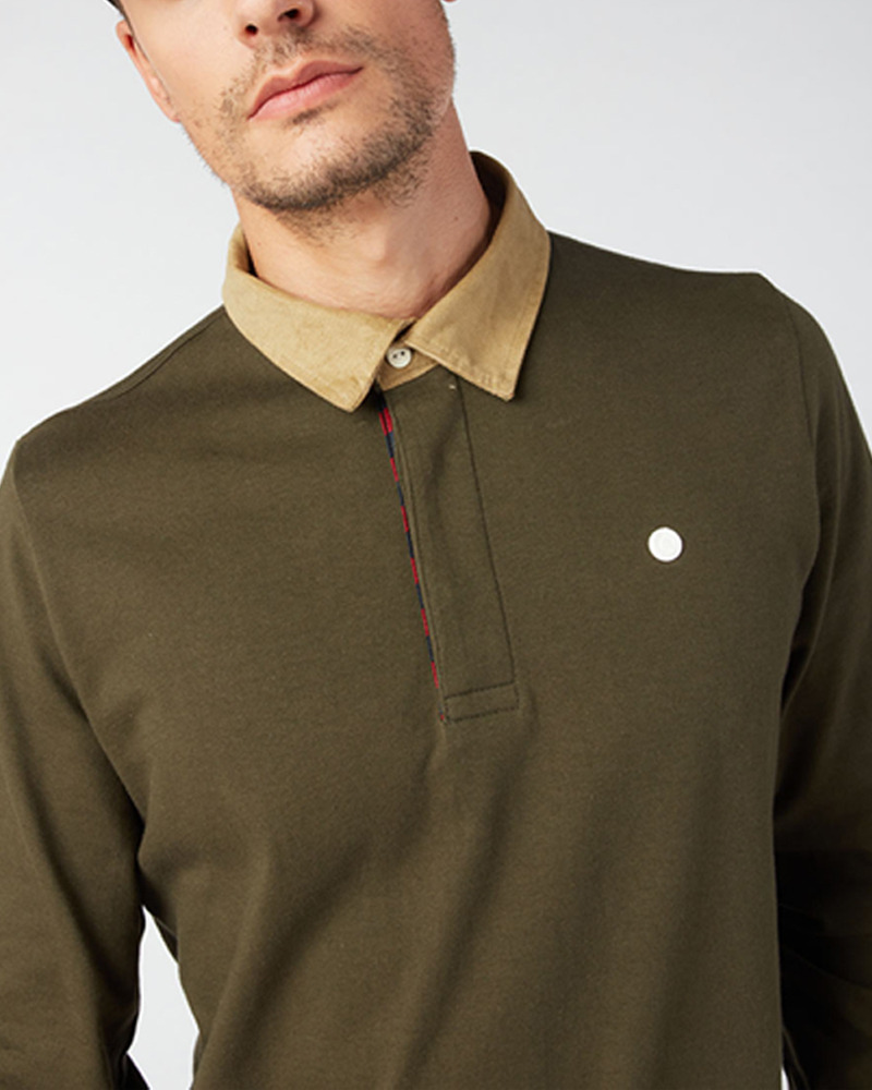 Polo manches longues jersey col velours vert militaire