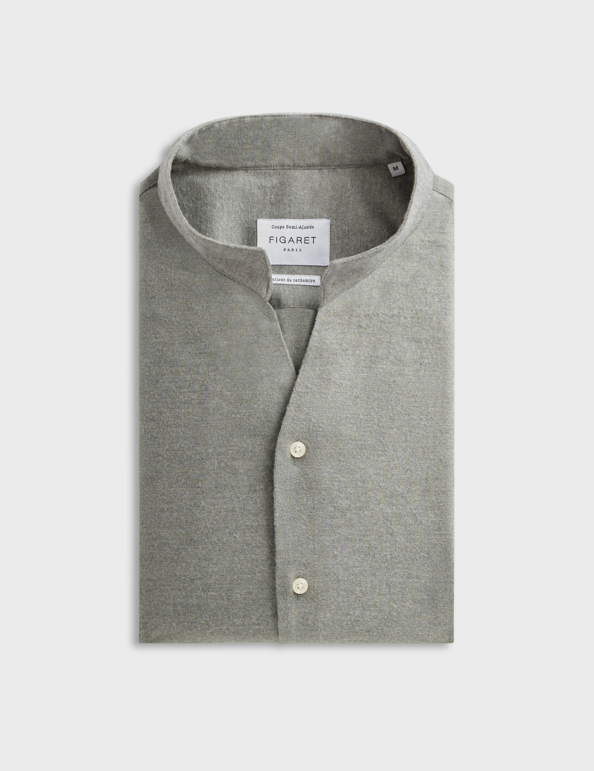 Chemise carl col droit ouvert en flanelle de coton et cachemire unie gris