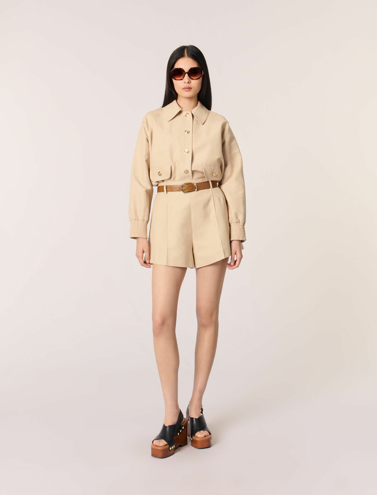 Short à pinces en lin et coton