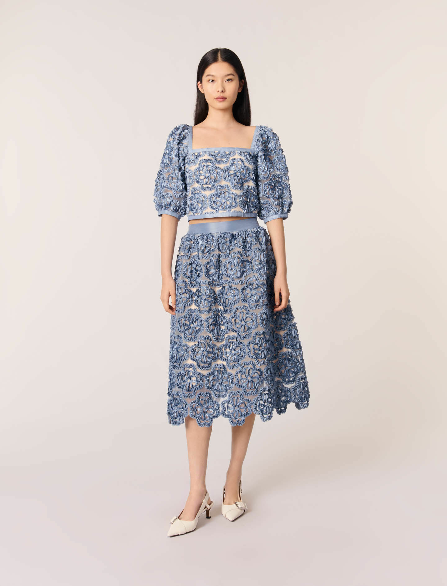 Jupe longue en organza motif floral