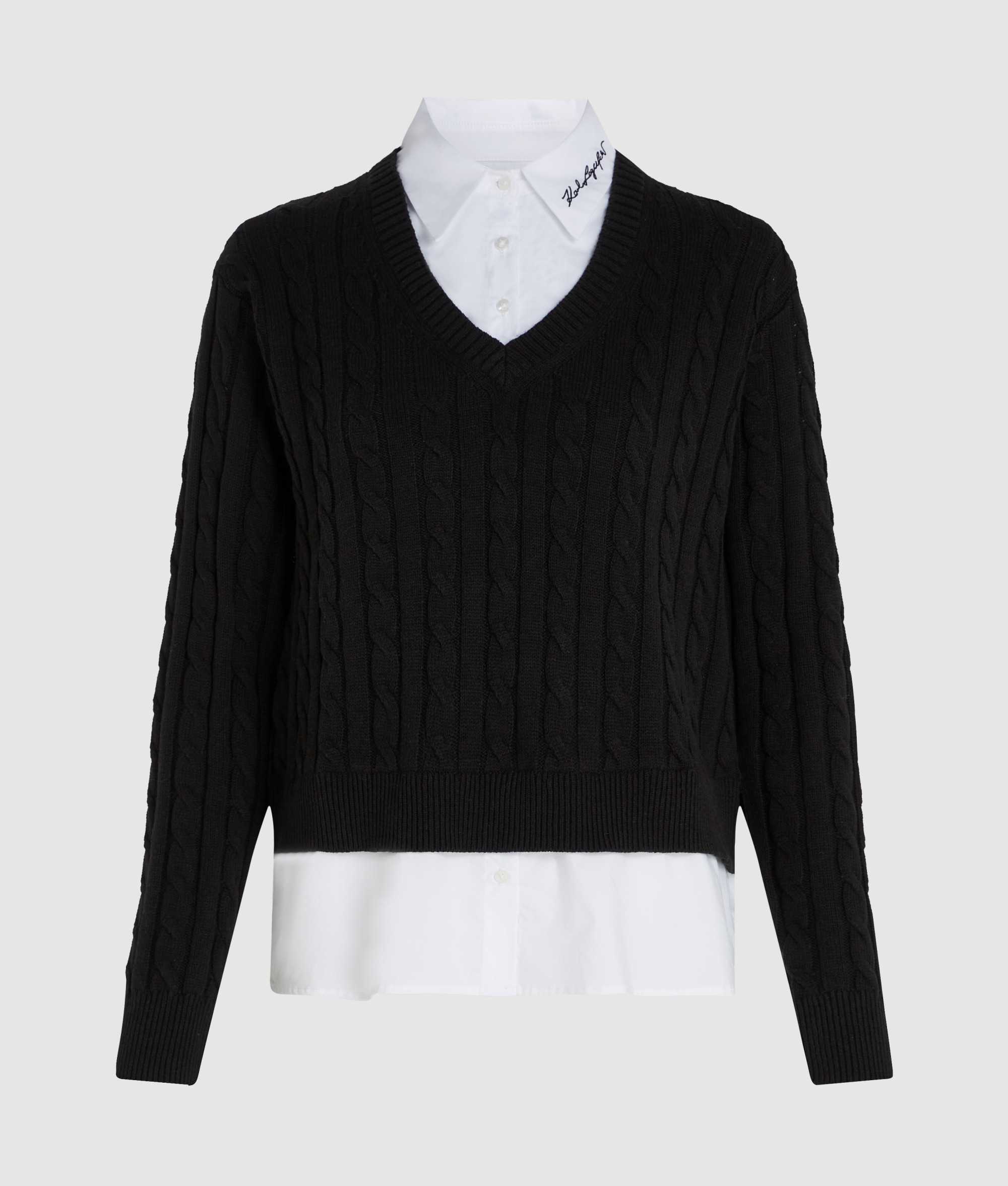 CABLE KNIT POPLIN MIX SWEATER