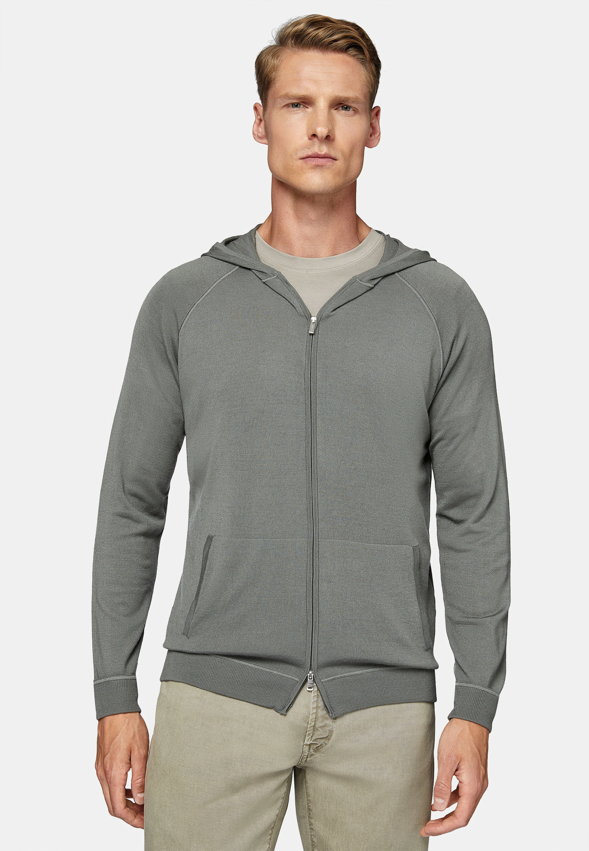 Pull Full Zip Vert À Capuche En Laine Mérinos