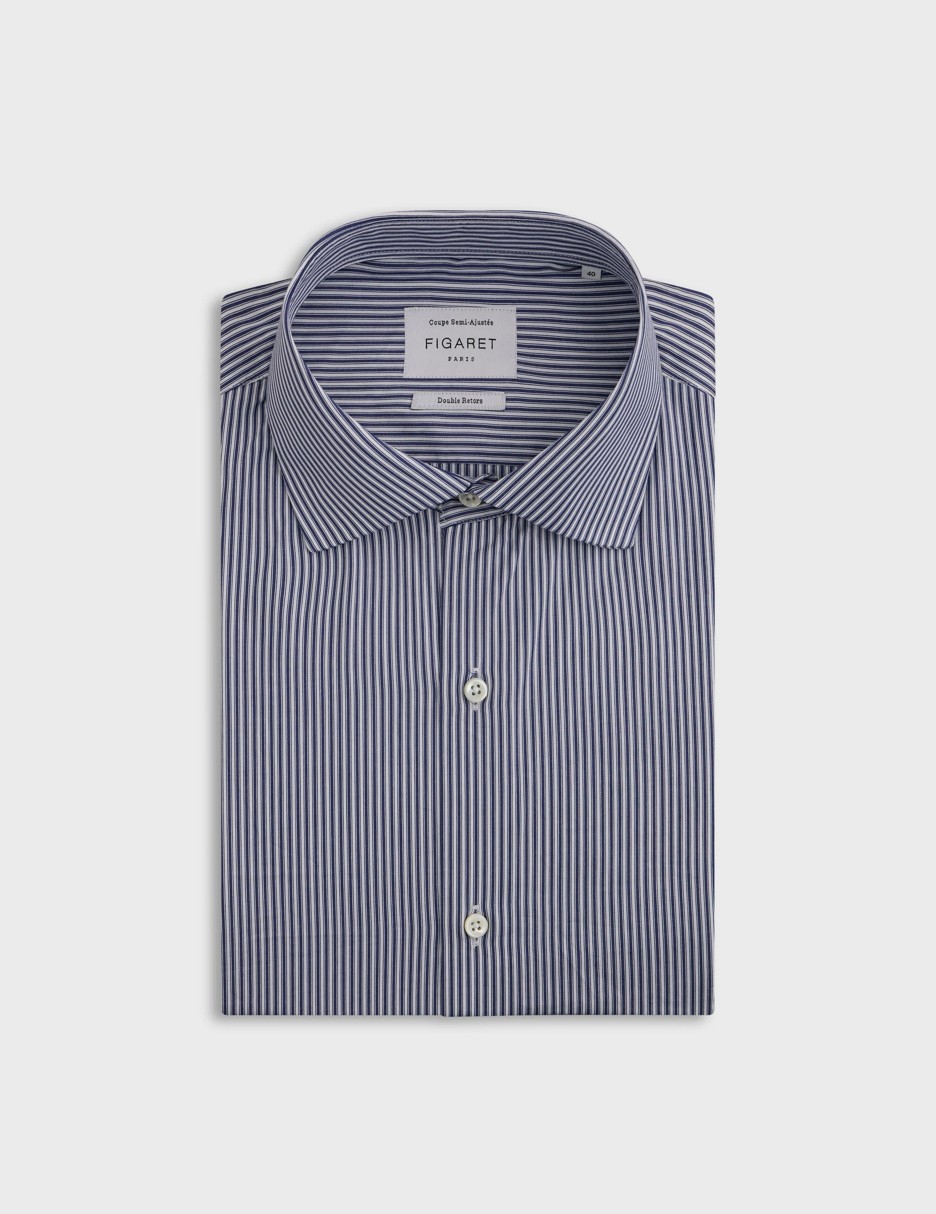 Chemise col italien en popeline rayée marine