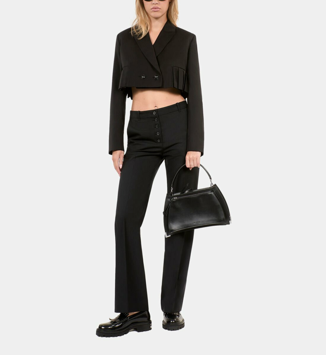 Veste Courte Plissée En Laine Mélangée Noire Femme