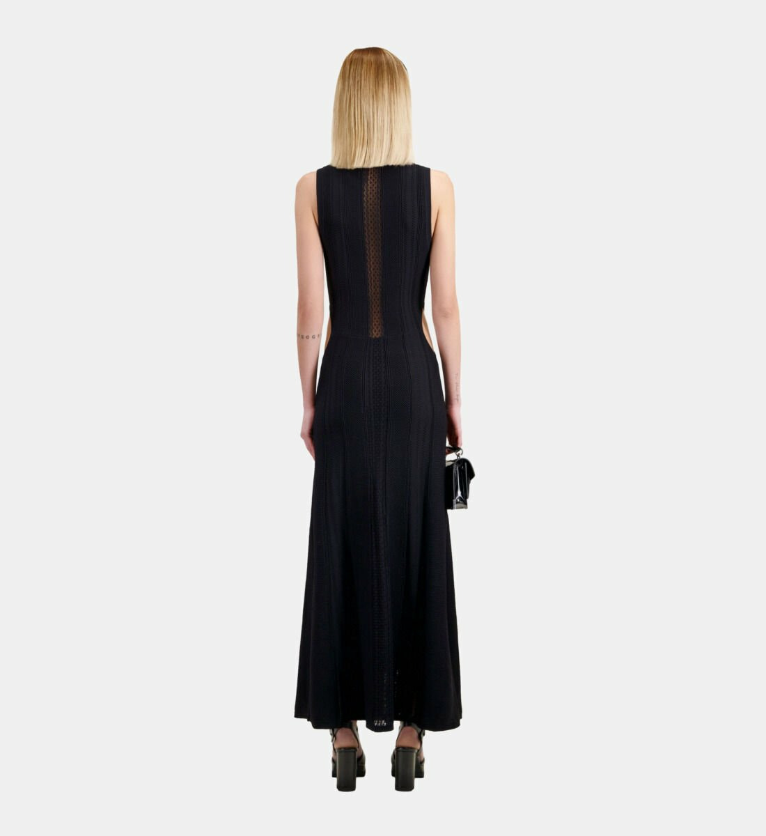 Robe Longue Noire En Maille Ajourée Avec Ouvertures Femme