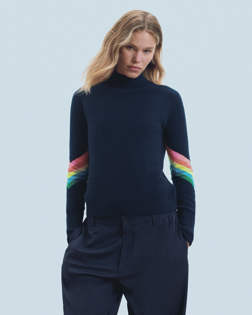 Pull Col Montant Bandes Manches Multicolore Léger