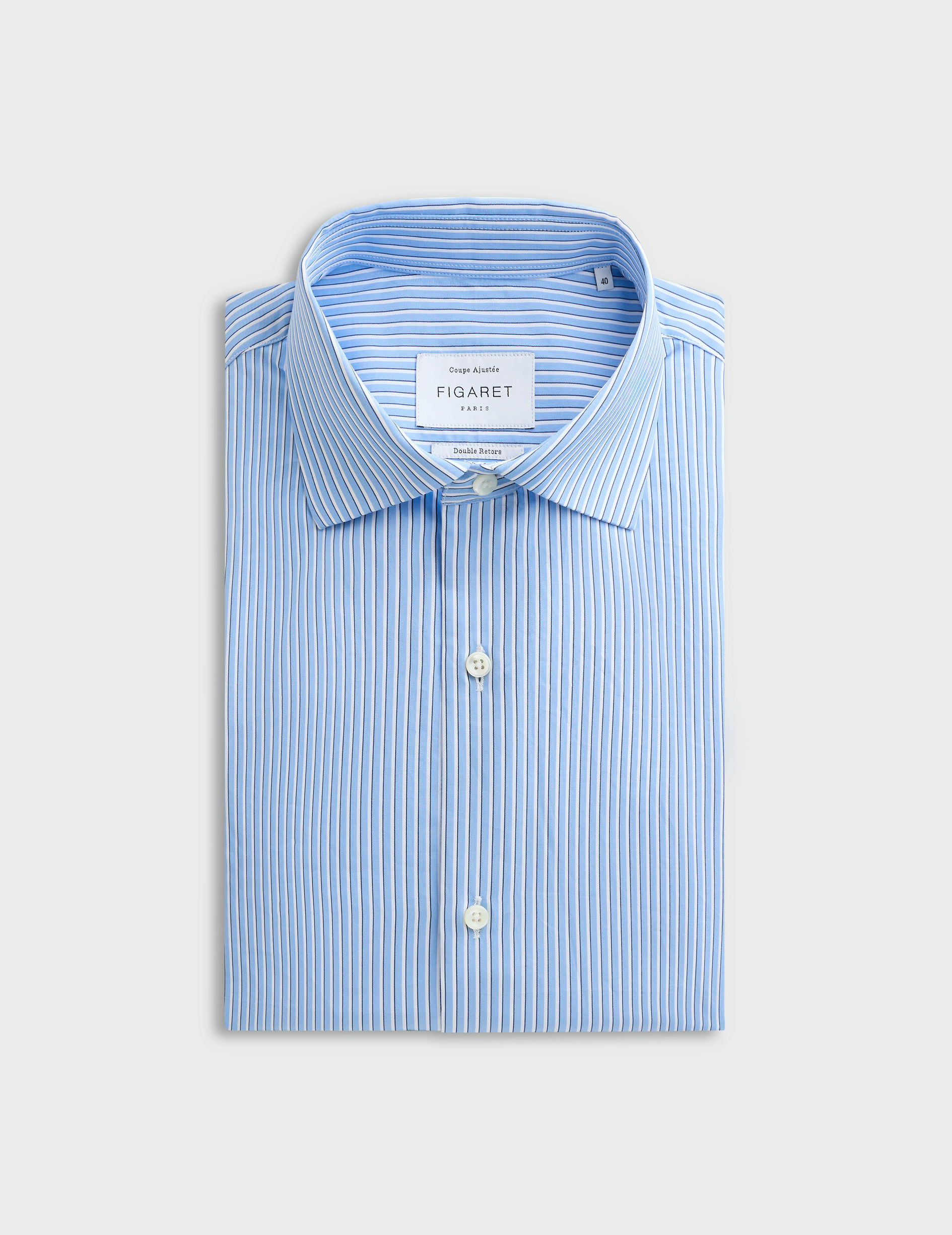Chemise col italien en popeline rayée bleu