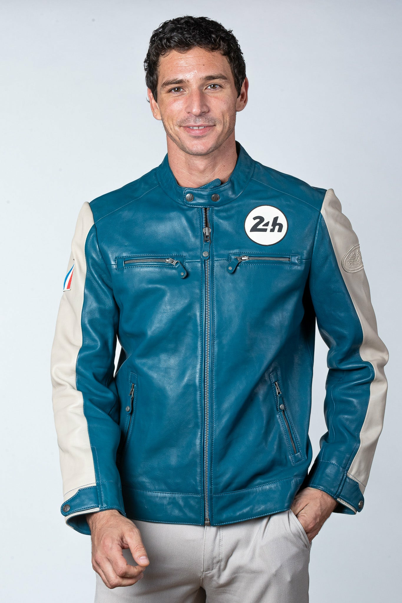 Blouson cuir 24H le mans Max ocean blue
