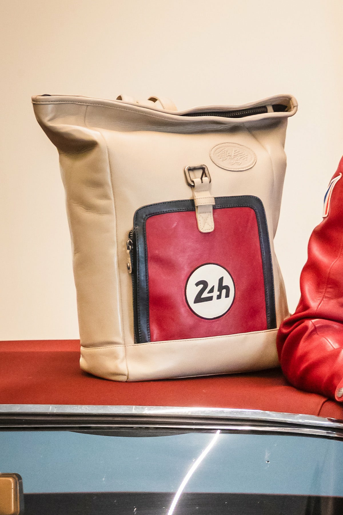 Sac à dos cuir 24H Le Mans Jeremy écru.rouge