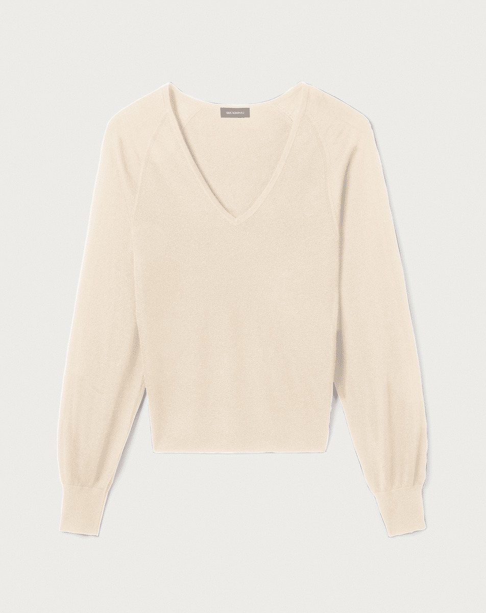 Pull V ultrafin manches victoriennes - Femme - CREAM