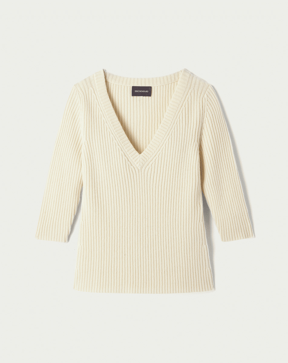 Pull V manches 3/4 à côtes - Femme - NATUREL