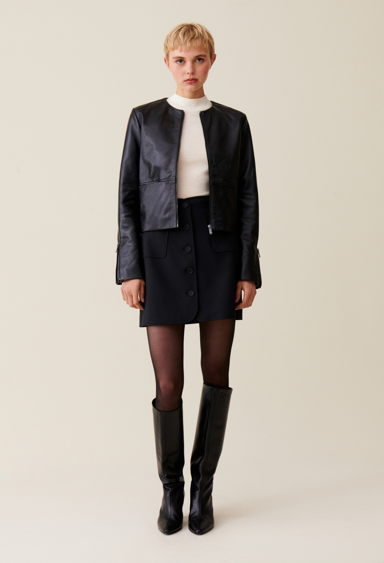 Veste cuir courte col rond