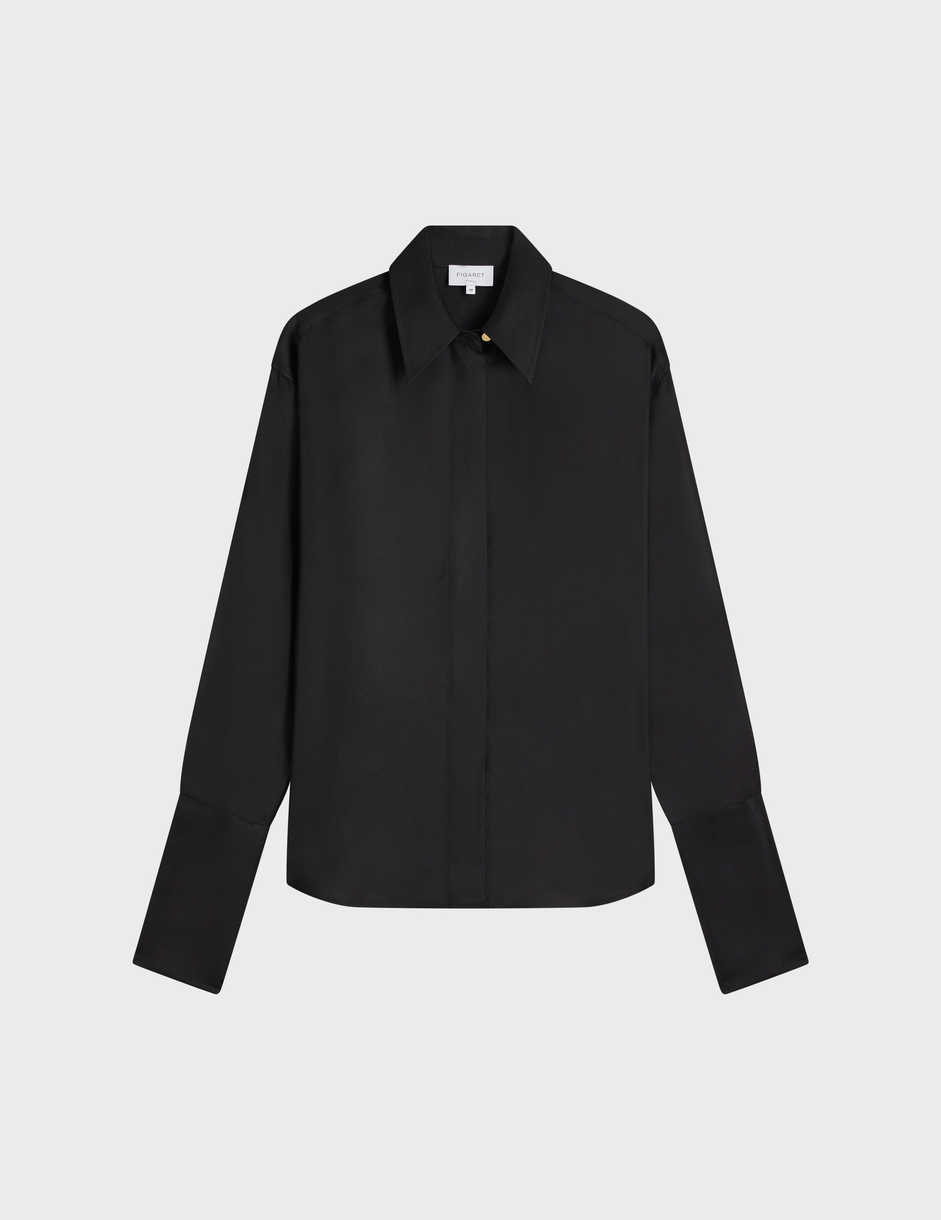 Chemise irisa avec gorge cachée et poignets mousquetaires en twill de soie unie noir