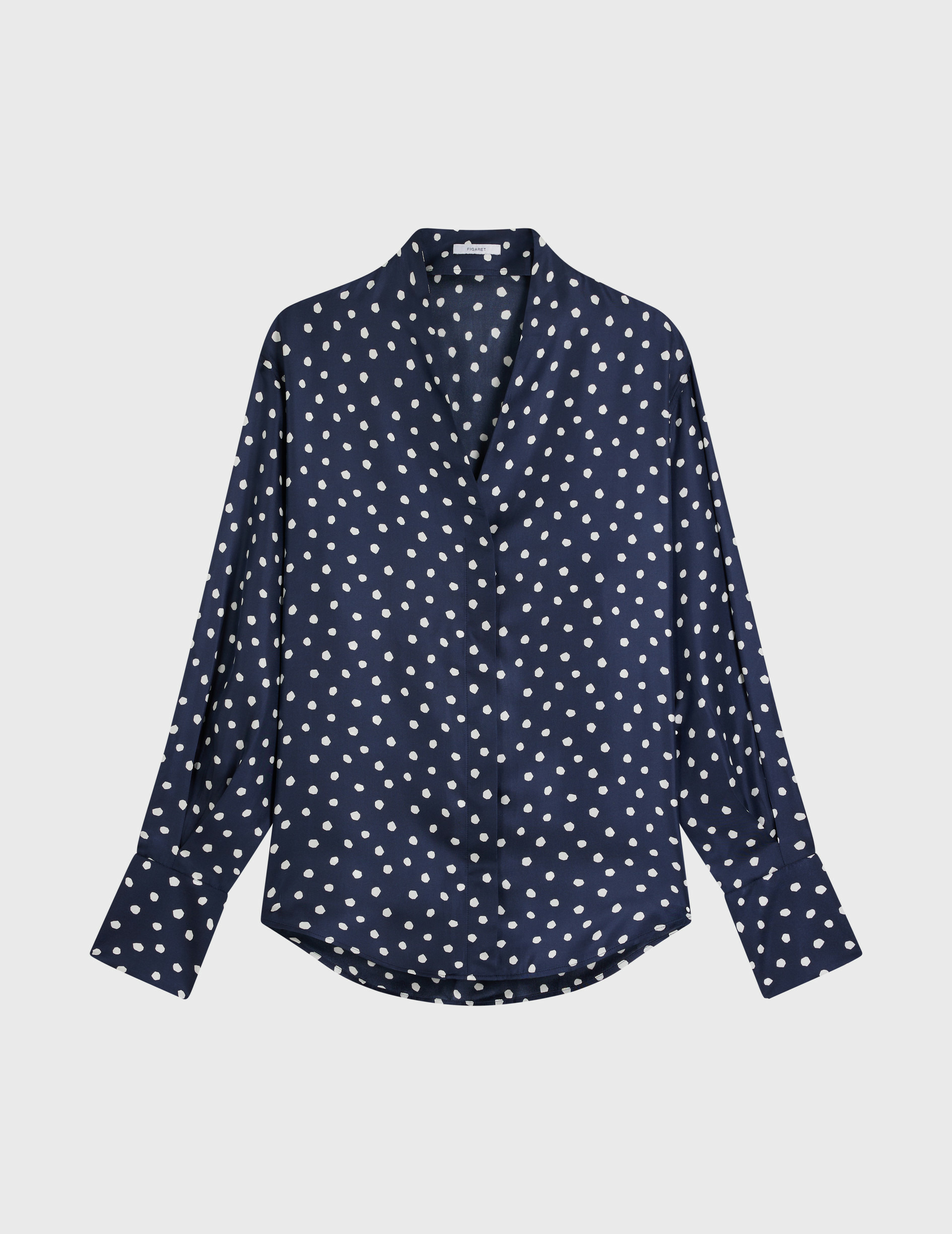 Chemise ilena col châle montant avec gorge cachée en twill de soie imprimée marine