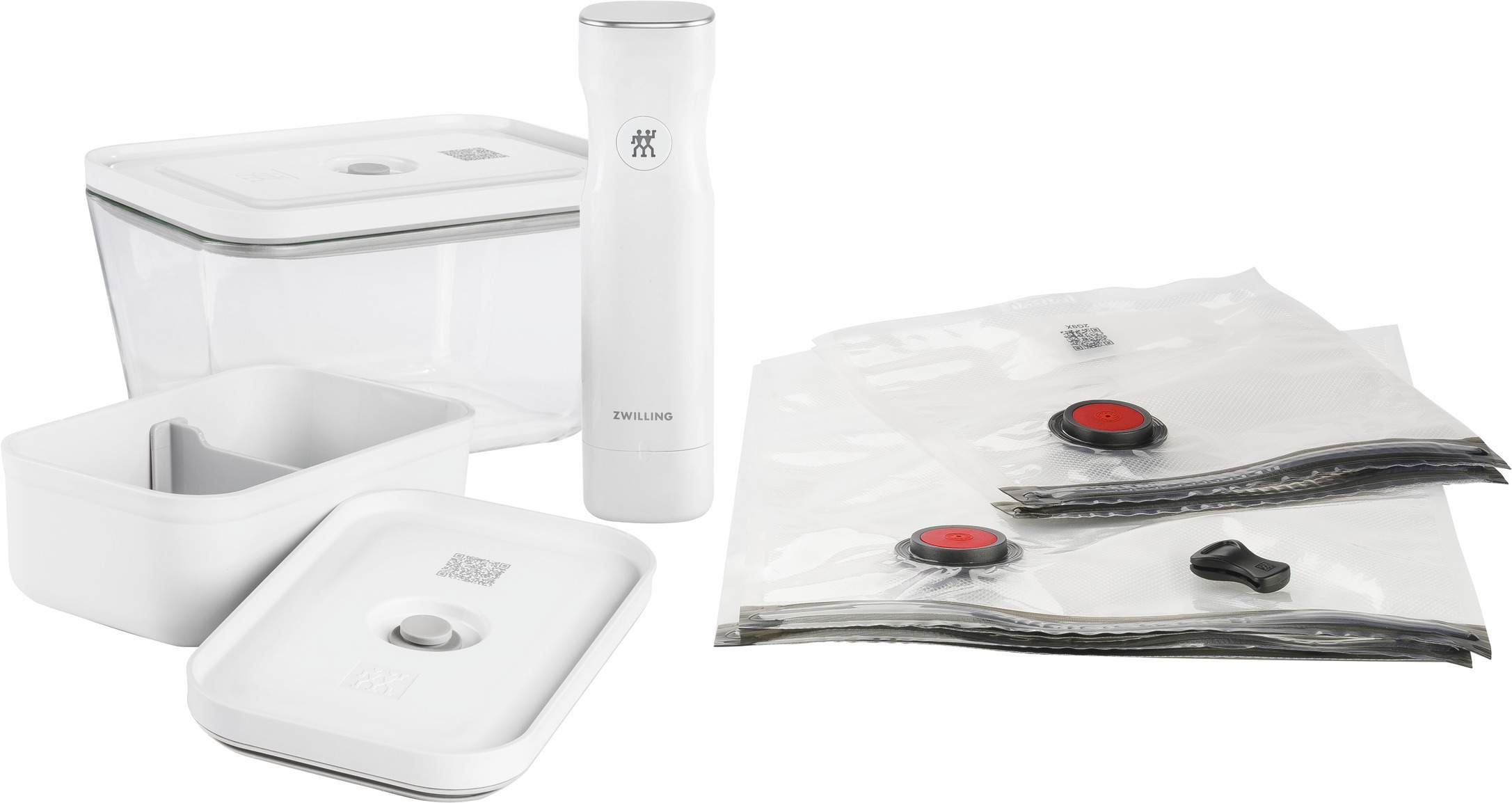 Set complet sous vide - 7pcs : Pompe + Boîte L en verre + Lunch box M en plastique opaque + 2 sacs S + 2 sacs M