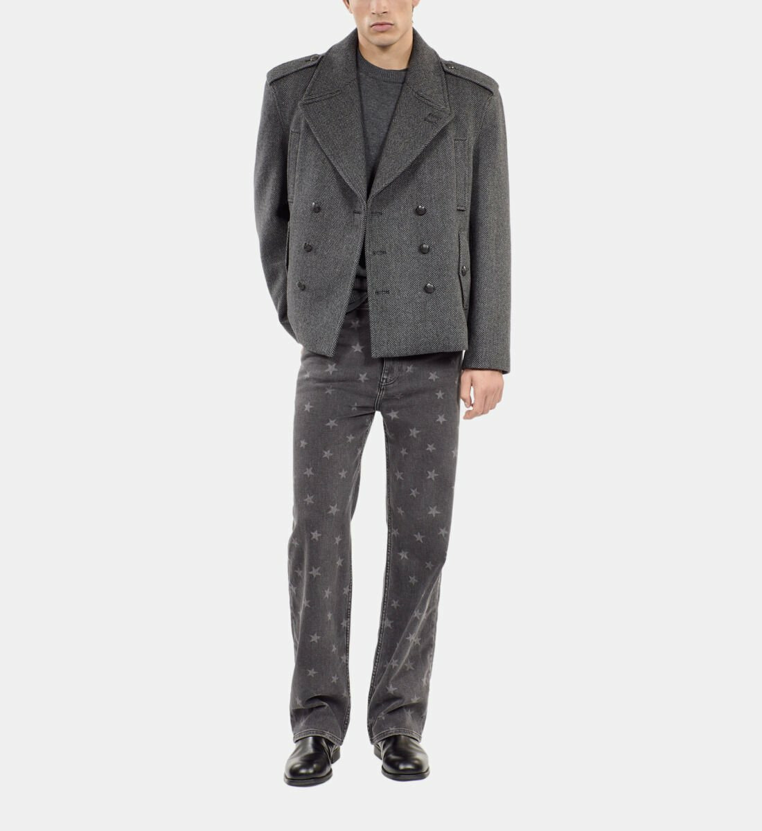 Caban Court En Laine Mélangée Chevron Noire Homme