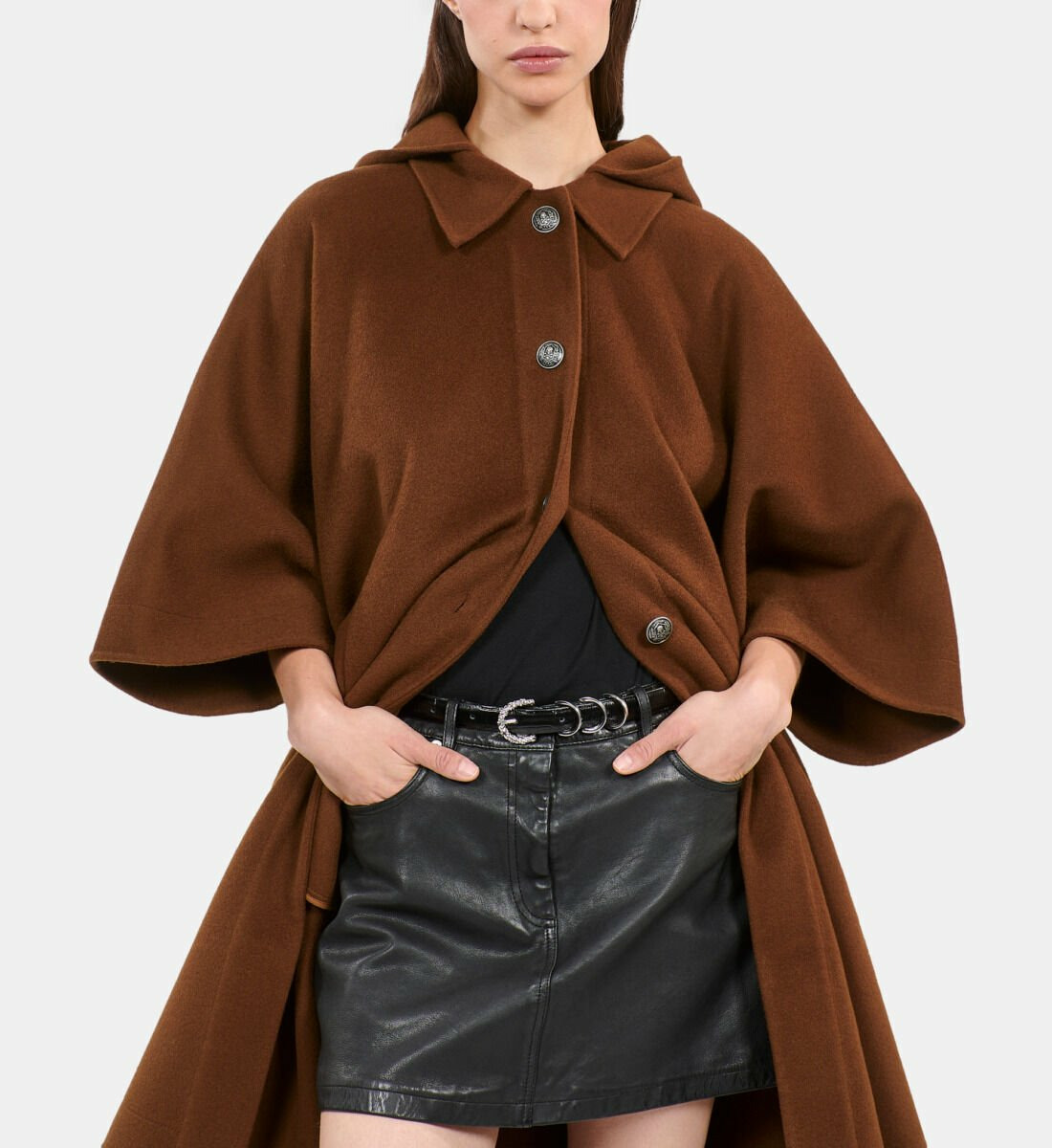 Cape Longue À Capuche En Laine Mélangée Marron Femme