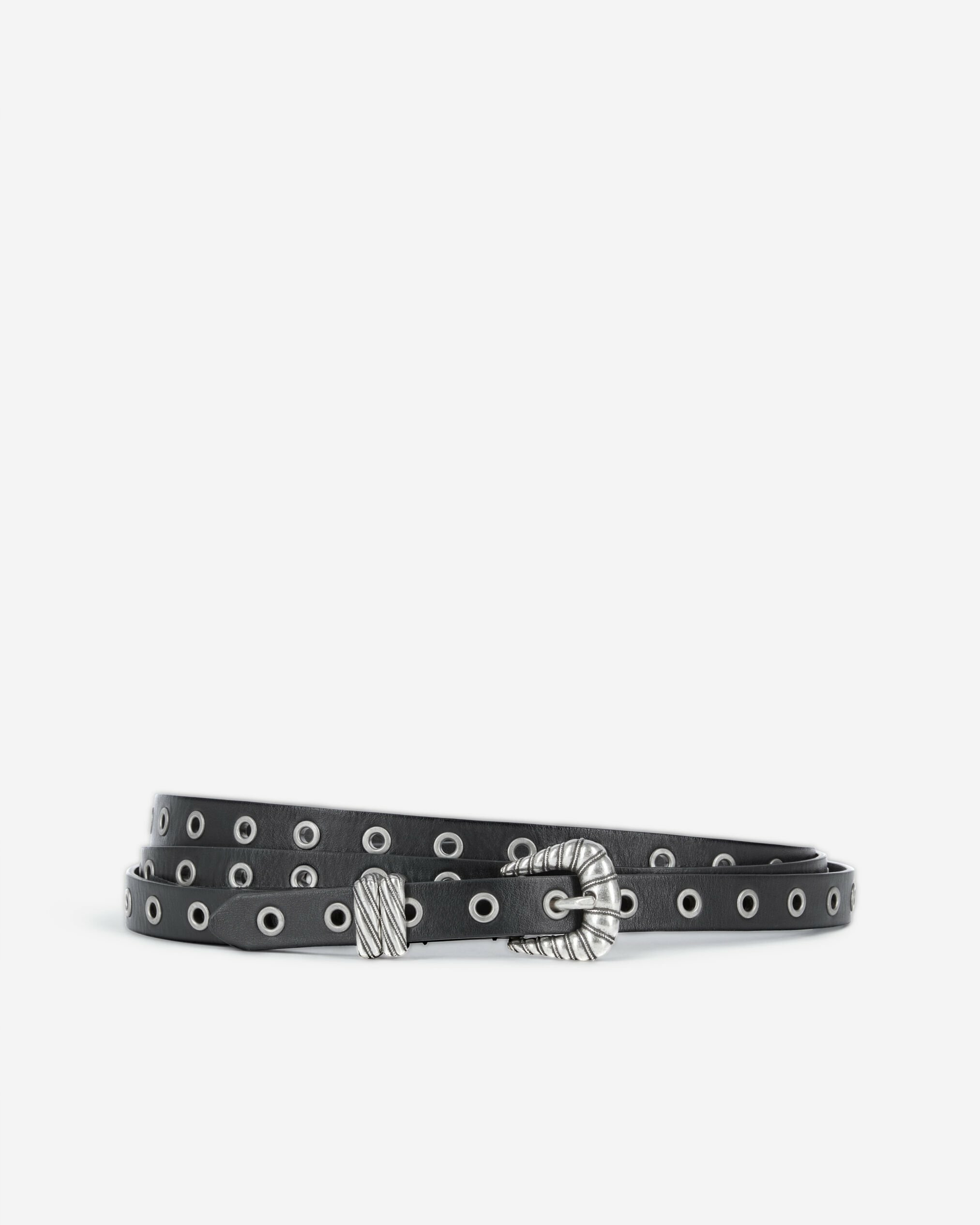 Ceinture Fine Double Tour En Cuir Noir