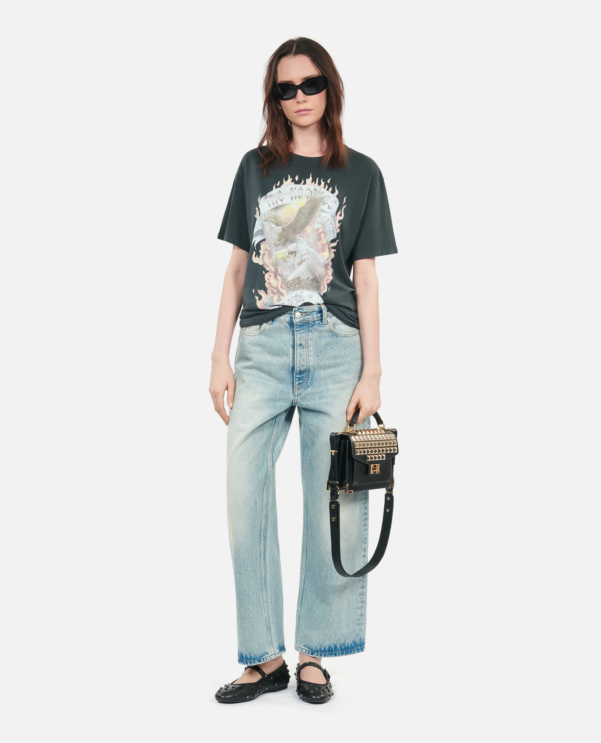 T-Shirt Noir Sérigraphie Eagles On Fire Femme