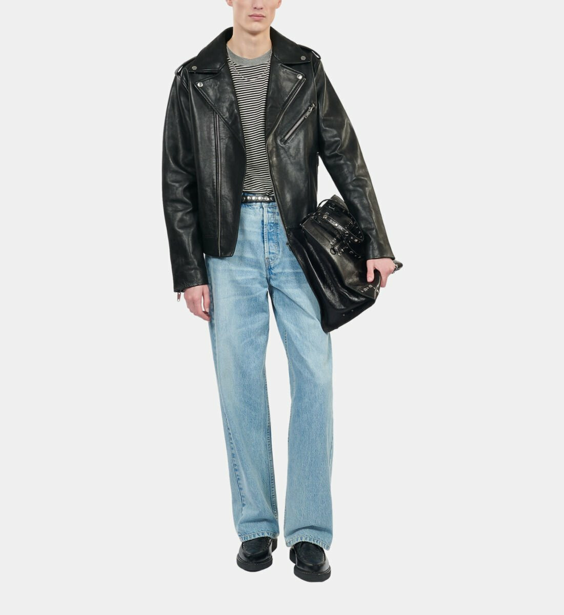 Blouson Biker En Cuir Noir Homme