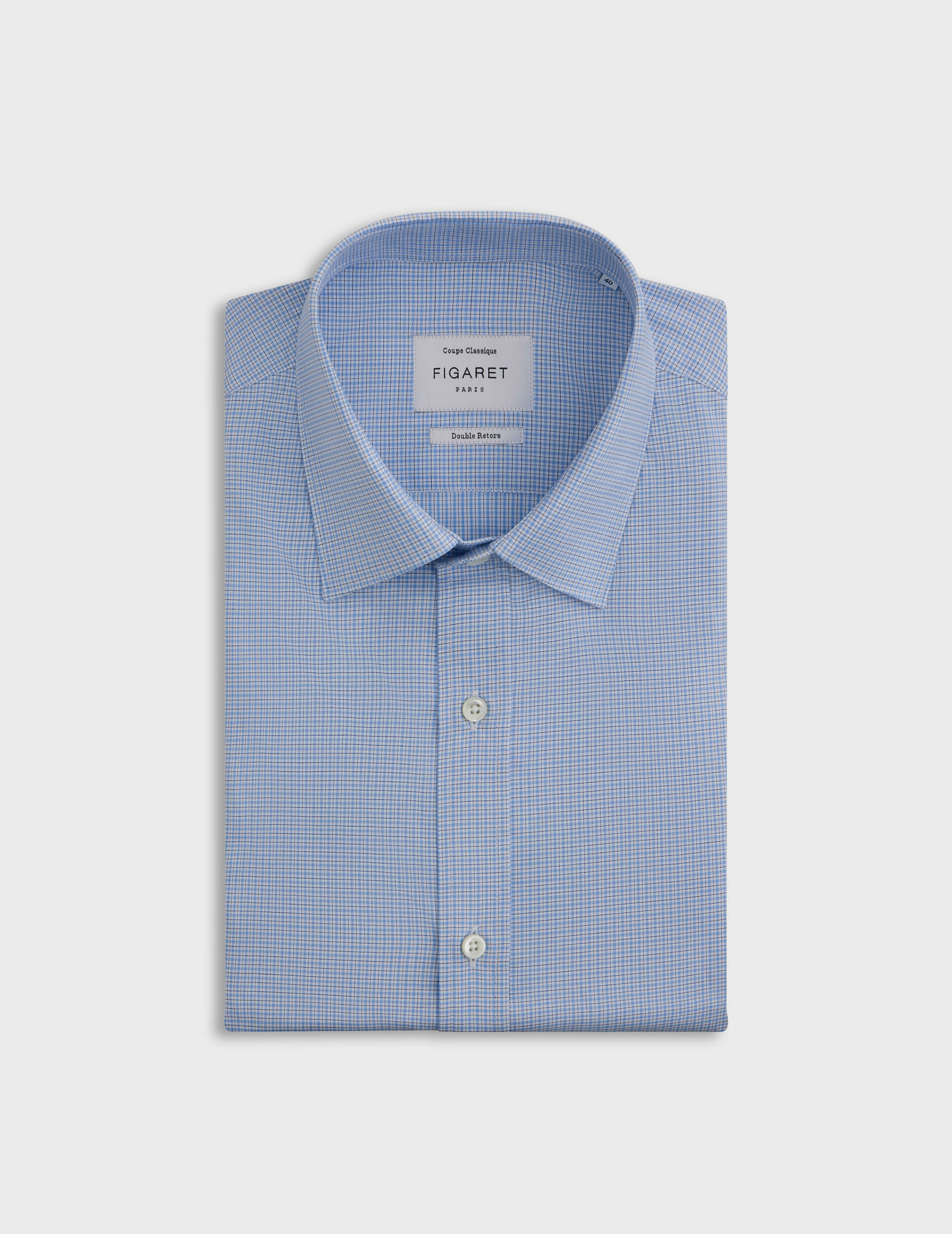 Chemise col figaret en twill de coton à carreaux bleu