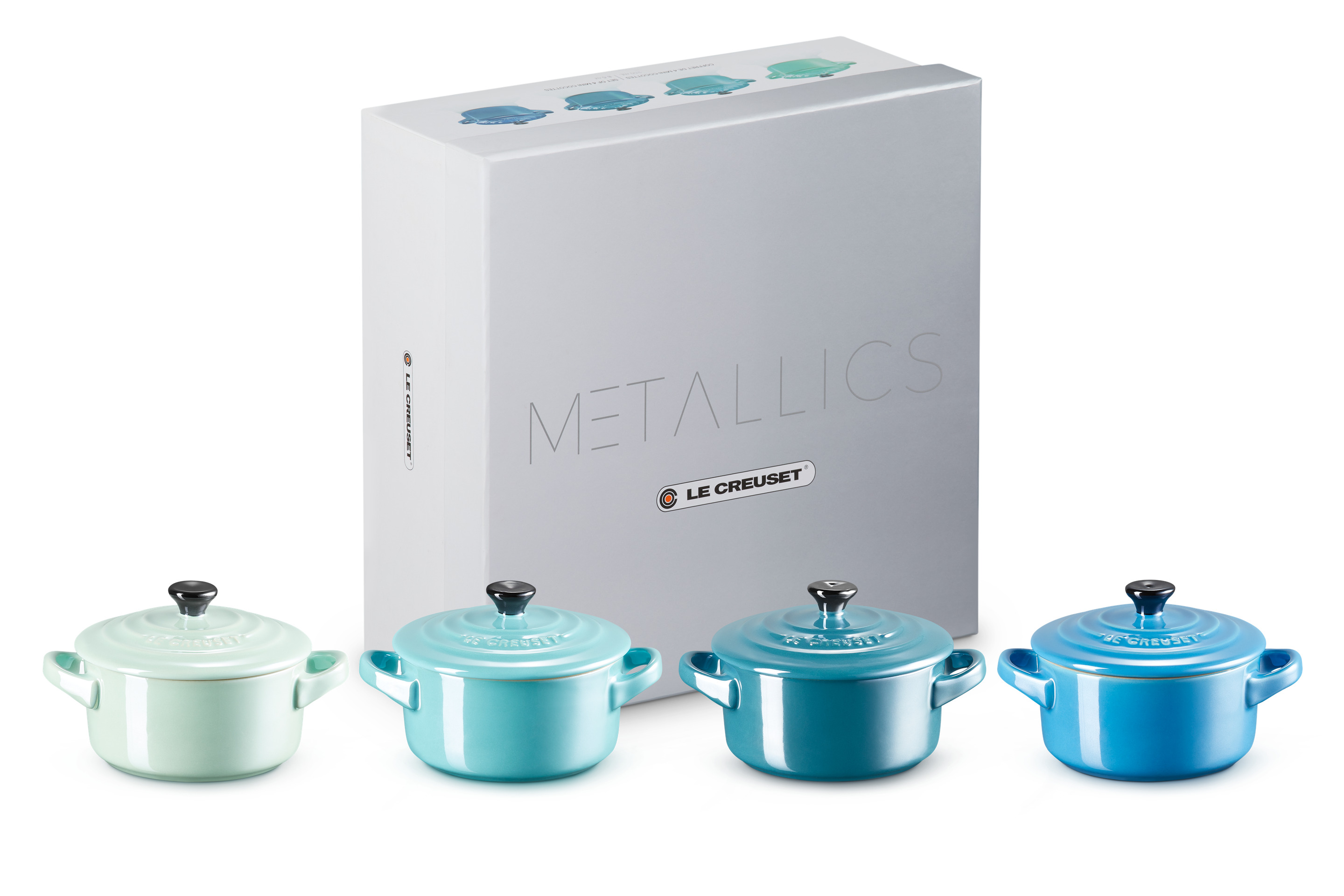 Coffret de 4 mini cocottes 250ml en céramique (Cool mint, Bleu caraïbes, Deep Teal, Bleu Marseille)