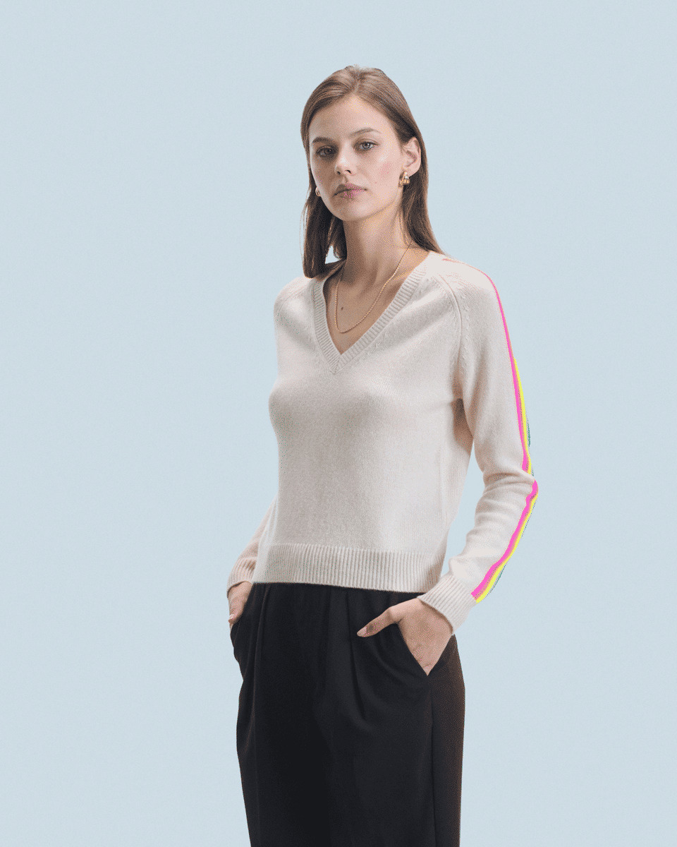 Pull Col V Bandes Manches Multicolore