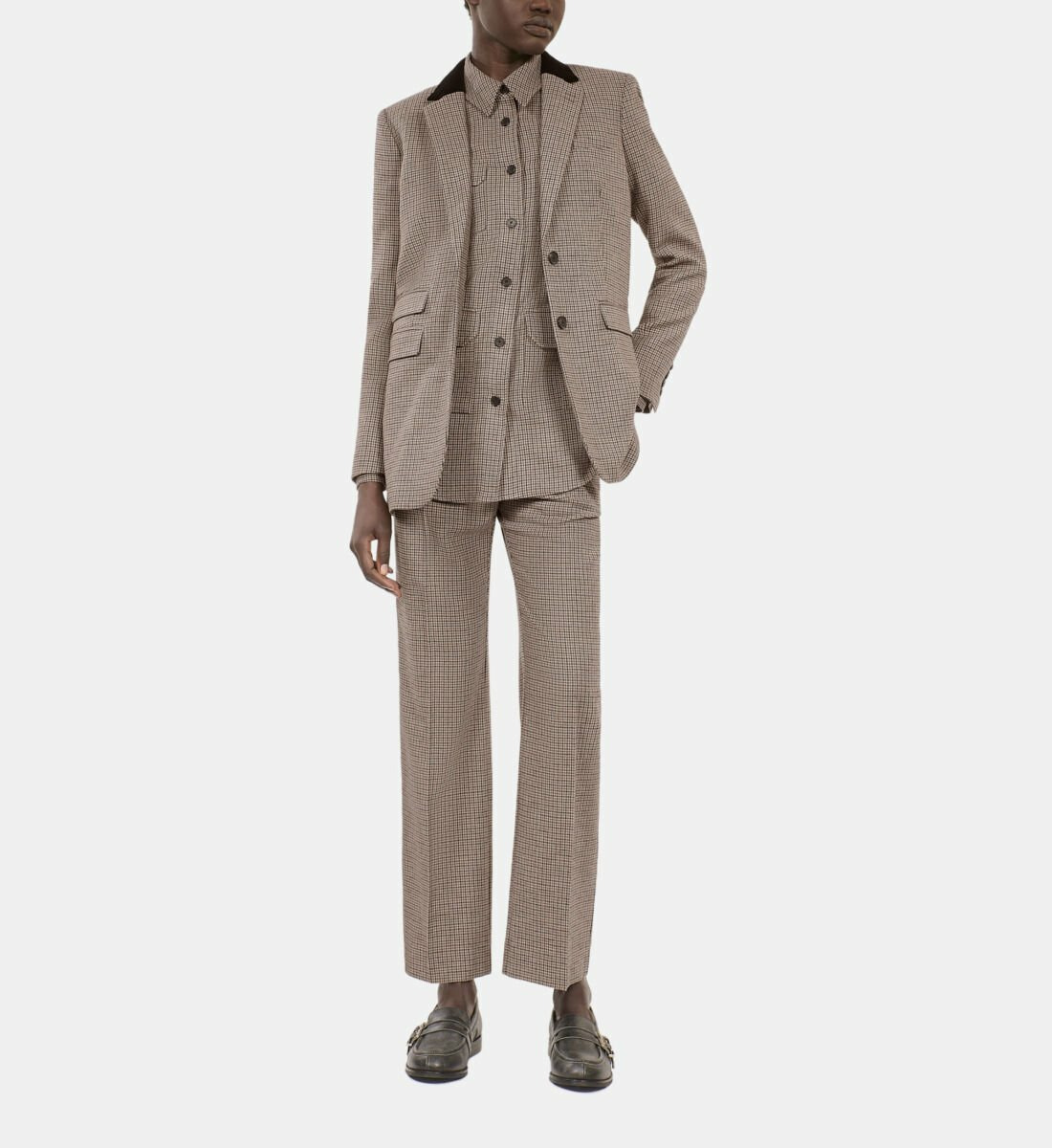 Veste Tailleur Pied De Poule Beige Femme