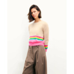 Pull Col Rond Bas à Bandes Multicolores