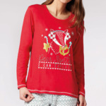 Pyjama femme NOËL EN FAMILLE rouge/écru imprimé