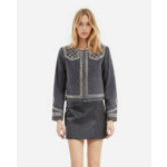 Veste En Denim Avec Studs Et Perles Grise Femme