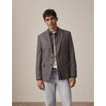 Veste blazer gabin en toile de laine mélangée à motifs chevron gris fonce