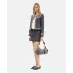 Veste En Denim Avec Studs Et Perles Grise Femme