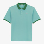 Polo piqué manches courtes en coton bleu glacier col vert sapin