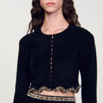 Cardigan court en maille velours strassé