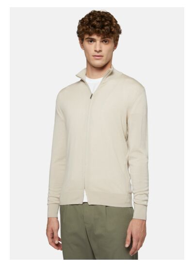 Pull Beige Full Zip En Laine Mérinos