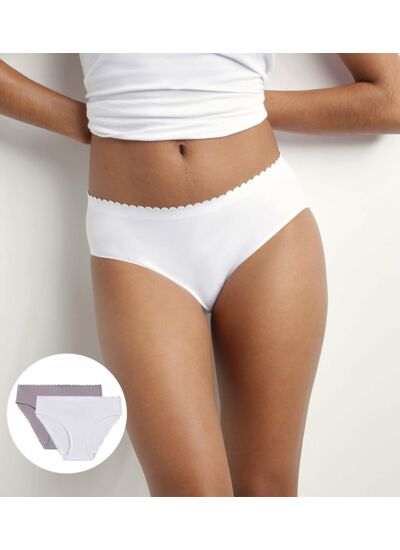 Lot de 2 slips femme en coton stretch Blanc et Gris Body Touch Easy