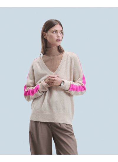 Pull Col V Oversize Bandes Bicolore Léger