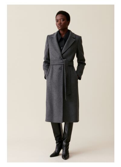 Manteau long ceinture gris
