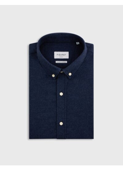 Chemise gaspard col américain en flanelle de coton et cachemire unie marine