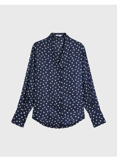 Chemise ilena col châle montant avec gorge cachée en twill de soie imprimée marine