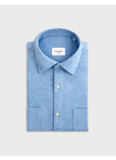 Chemise leonard col français avec deux poches poitrine en flanelle de coton unie bleu