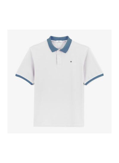 Polo piqué manches courtes en coton blanc lys col bleu