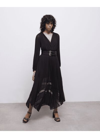 Robe Longue Plissee Manches Lonues Top Rape Uni Incrustation Femme