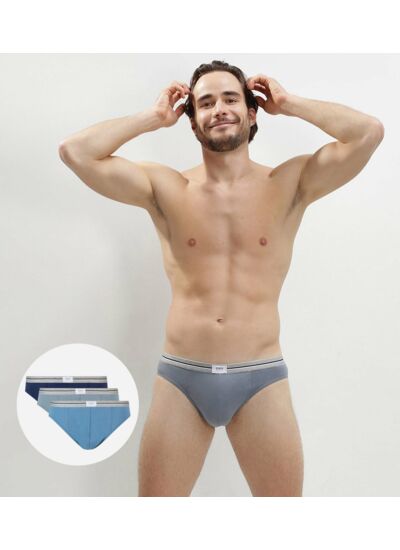 Lot de 3 slips bleu denim gris en coton stretch résistant Ultra Resist