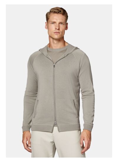 Pull Full Zip Taupe À Capuche En Laine Mérinos