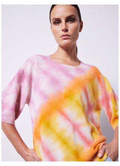 Pull cachemire col rond manches ¾ tie & dye Kaléidoscope GLYCINE/SUNFLOWER