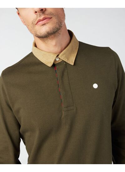 Polo manches longues jersey col velours vert militaire