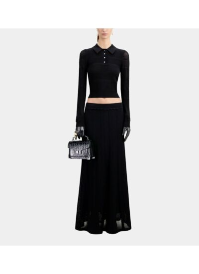 Polo Noir En Maille Ajourée Femme
