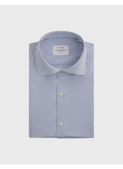 Chemise col italien en popeline rayée bleu